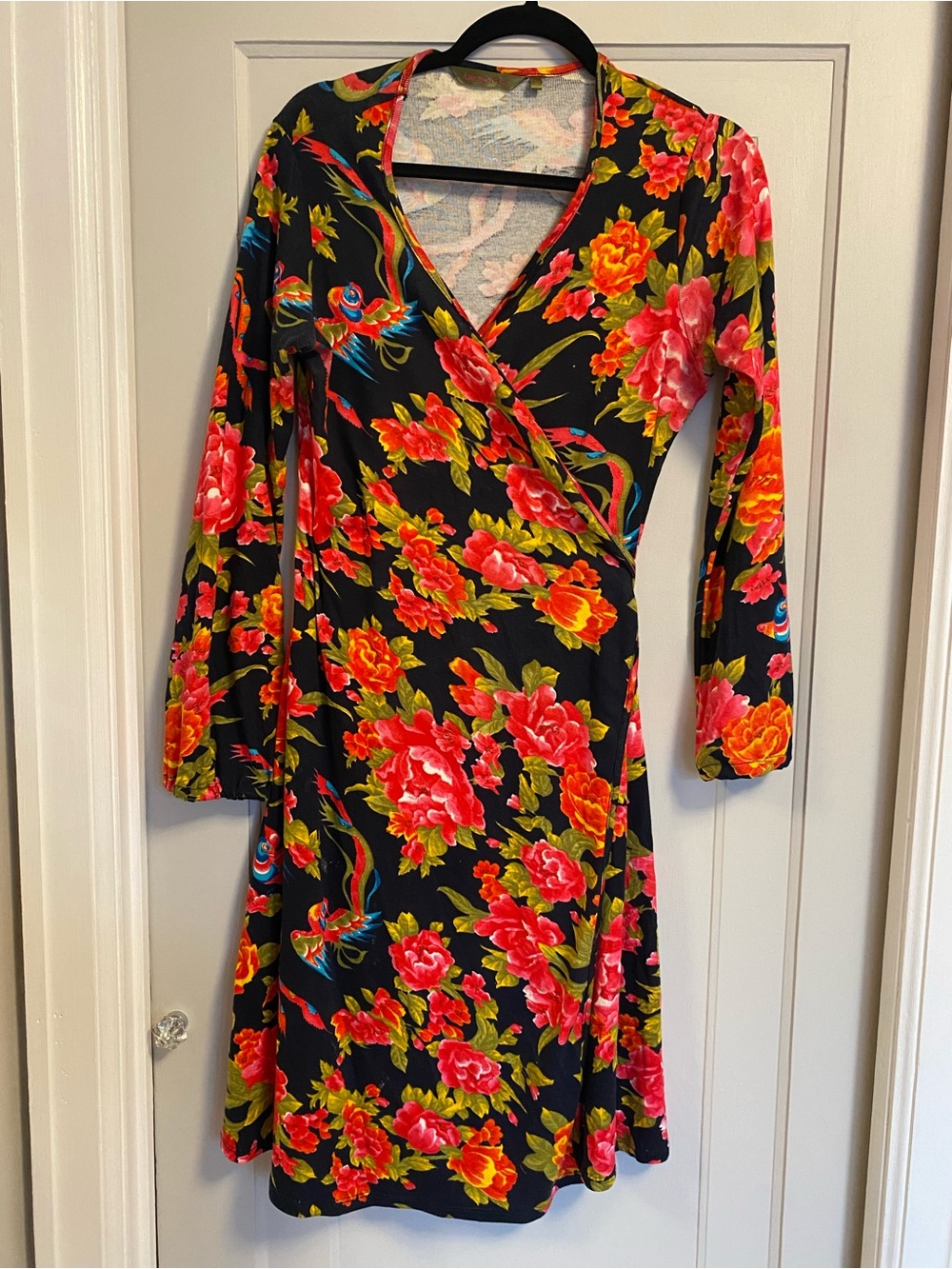 Black Pink Floral Long Sleeve Wrap Dress Versatile Soft Colourful 100% Cotton